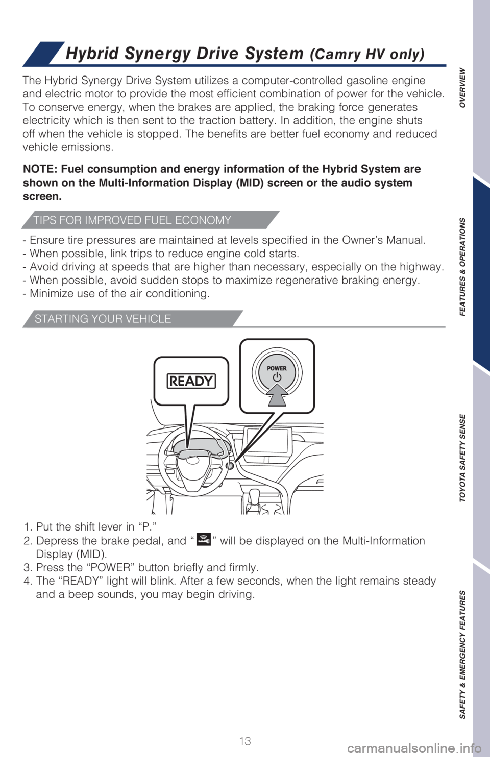 TOYOTA CAMRY 2021   (in English) User Guide 13
OVERVIEW FEATURES & OPERATIONS TOYOTA SAFETY SENSE SAFETY & EMERGENCY FEATURES
TIPS FOR IMPROVED FUEL ECONOMY
STARTING YOUR VEHICLE
NOTE: Fuel consumption and energy information of the Hybrid Syste