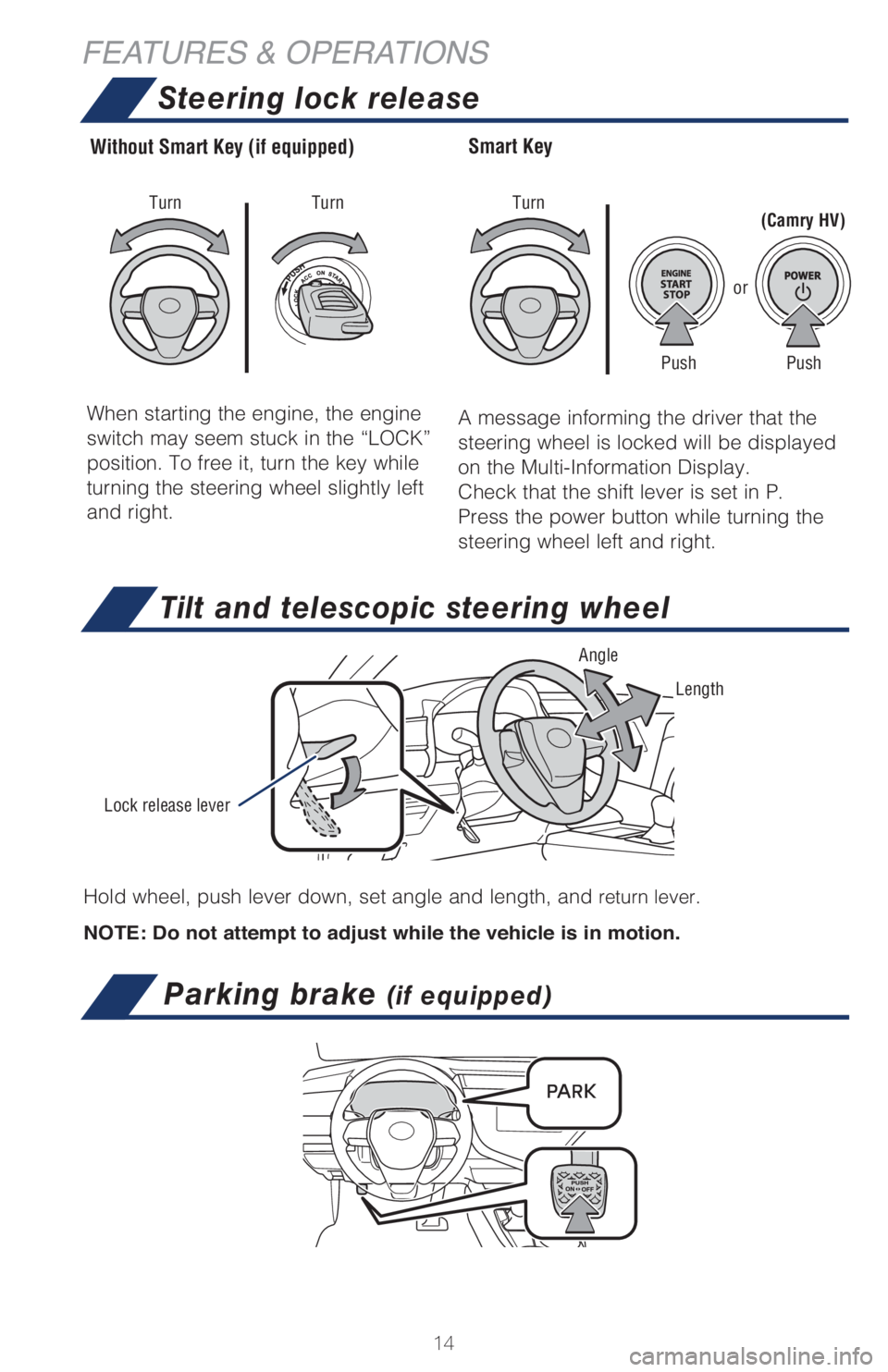 TOYOTA CAMRY 2021  Owners Manual (in English) 14 Hold wheel, push lever down, set angle and length, and 
return lever.
NOTE: Do not attempt to adjust while the vehicle is in motion.
Tilt and telescopic steering wheel
Smart KeyWithout Smart Key (i