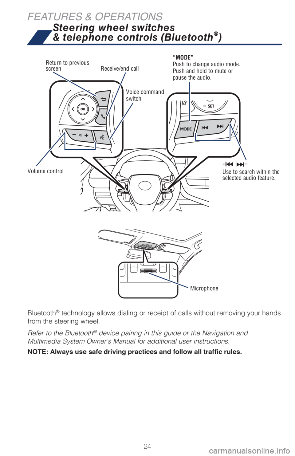 TOYOTA CAMRY 2021   (in English) Owners Manual 24
FEATURES & OPERATIONS
Bluetooth® technology allows dialing or receipt of calls without removing your hands 
from the steering wheel.
Refer to the Bluetooth
® device pairing in this guide or the N