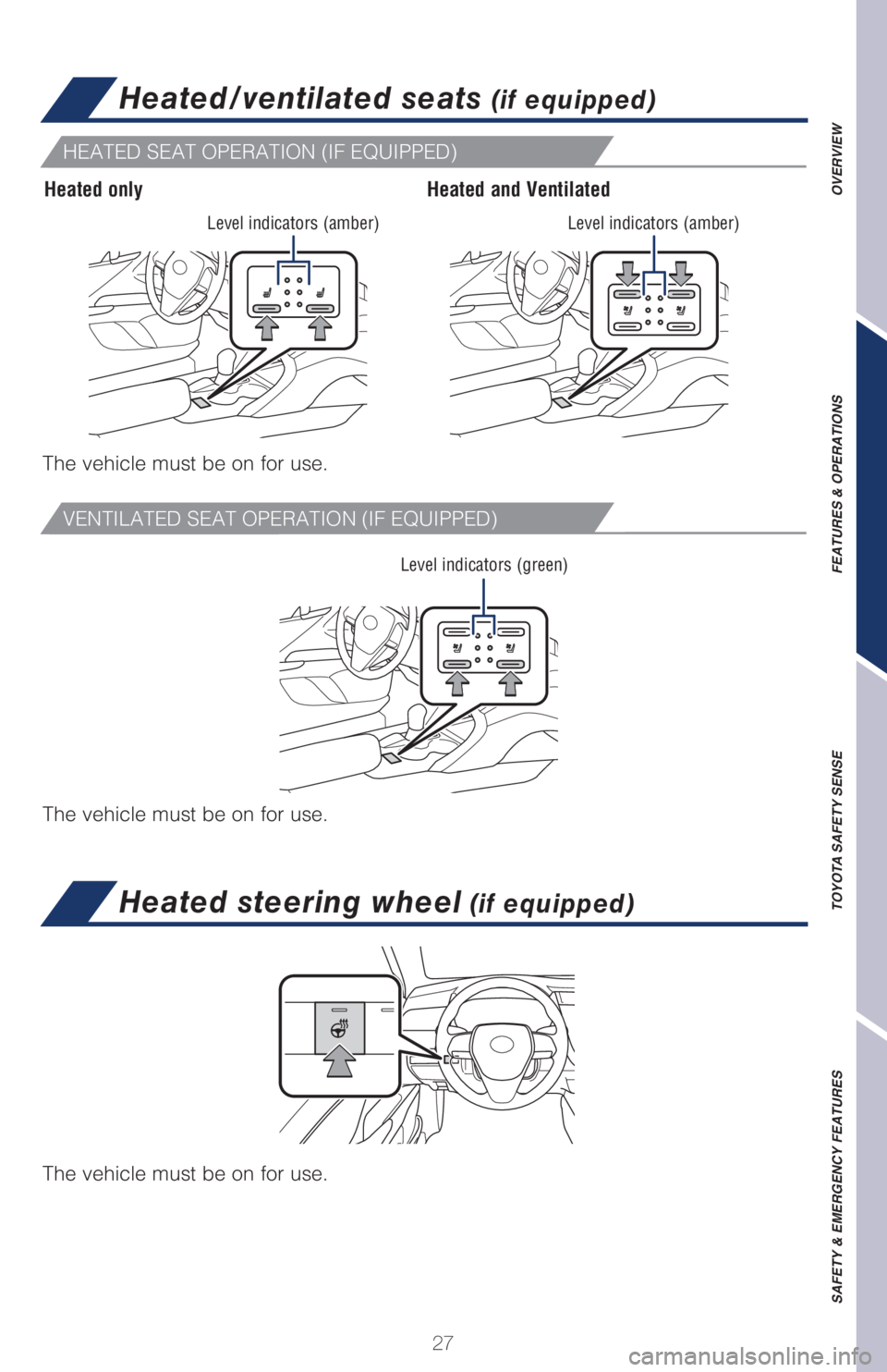 TOYOTA CAMRY 2021   (in English) Owners Manual 27
OVERVIEW FEATURES & OPERATIONS TOYOTA SAFETY SENSE SAFETY & EMERGENCY FEATURES
VENTILATED SEAT OPERATION (IF EQUIPPED)
HEATED SEAT OPERATION (IF EQUIPPED)
Heated onlyHeated and Ventilated
The vehic