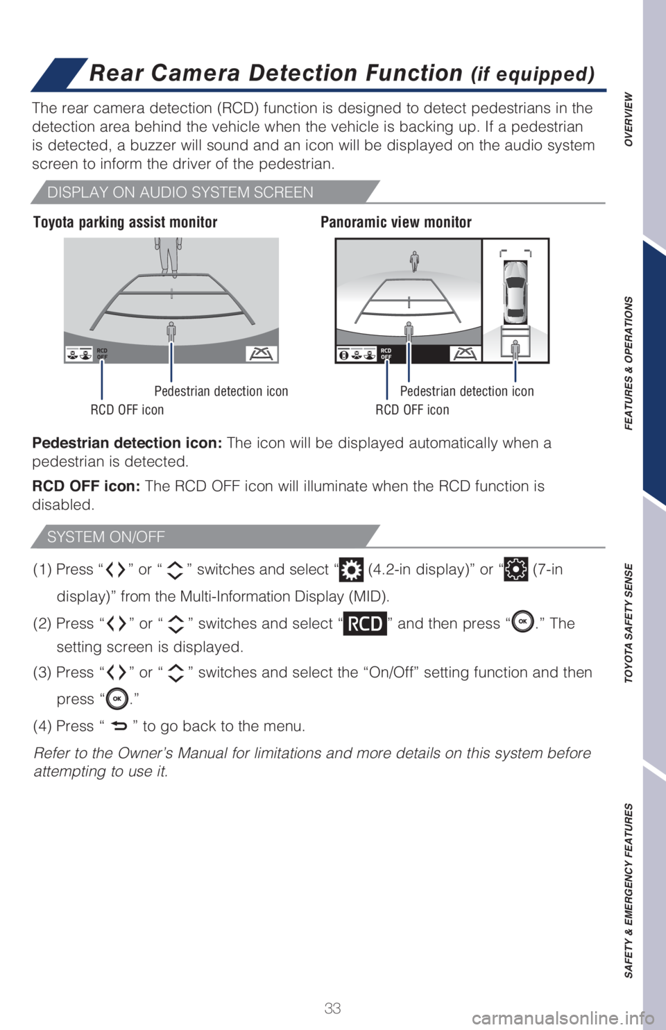 TOYOTA CAMRY 2021   (in English) Owners Guide 33
OVERVIEW FEATURES & OPERATIONS TOYOTA SAFETY SENSE SAFETY & EMERGENCY FEATURES
Pedestrian detection icon: The icon will be displayed automatically when a 
pedestrian is detected.
RCD OFF icon: The 