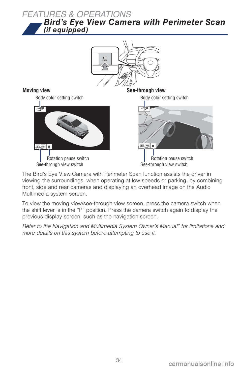 TOYOTA CAMRY 2021   (in English) Owners Guide 34
FEATURES & OPERATIONS
See-through view switch See-through view switchRotation pause switch Rotation pause switch
The Bird’s Eye View Camera with Perimeter Scan function assists the driver in 
vie