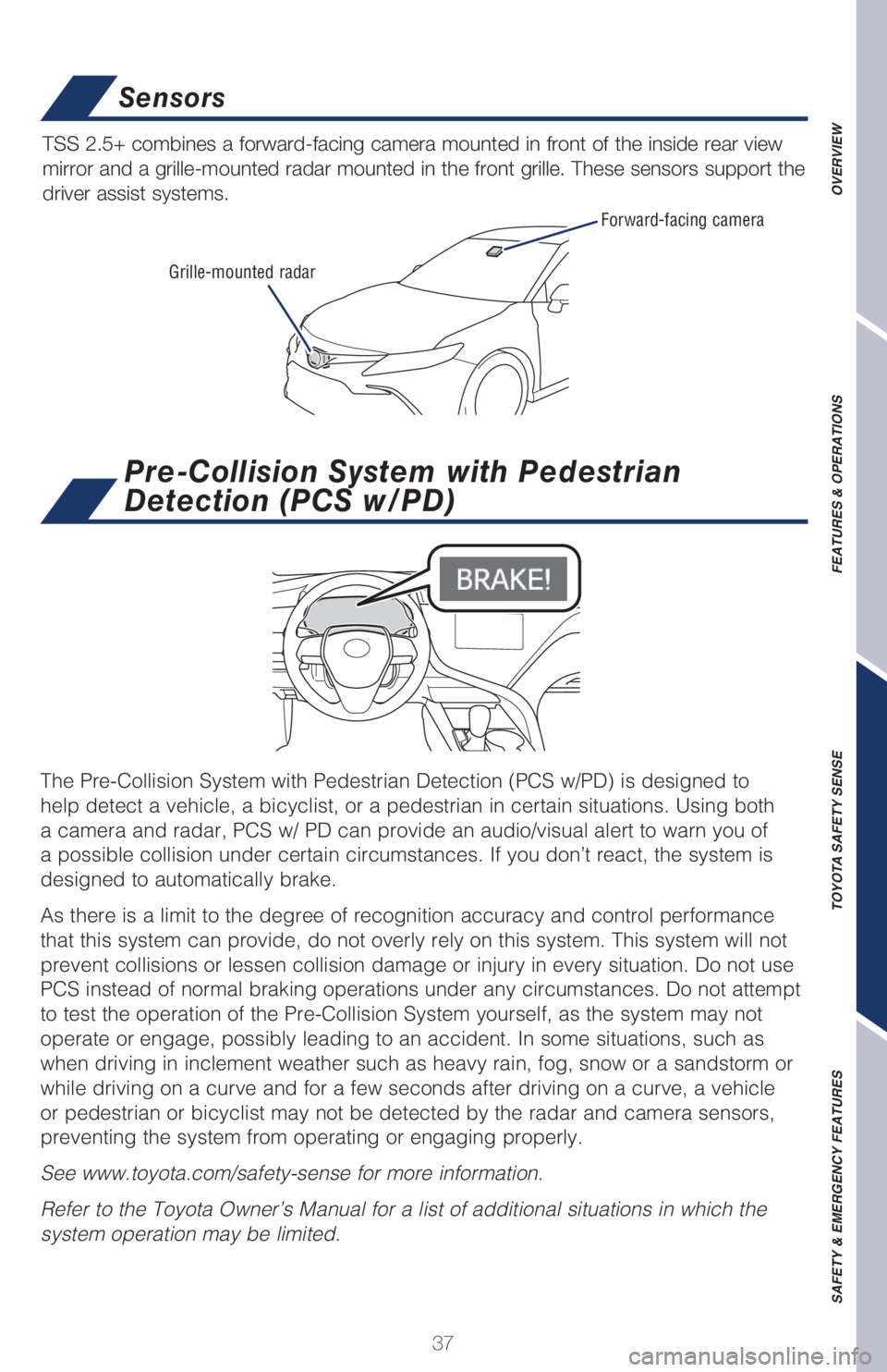 TOYOTA CAMRY 2021   (in English) Owners Guide 37
The Pre-Collision System with Pedestrian Detection (PCS w/PD) is designed to 
help detect a vehicle, a bicyclist, or a pedestrian in certain situations. Using both 
a camera and radar, PCS w/ PD ca