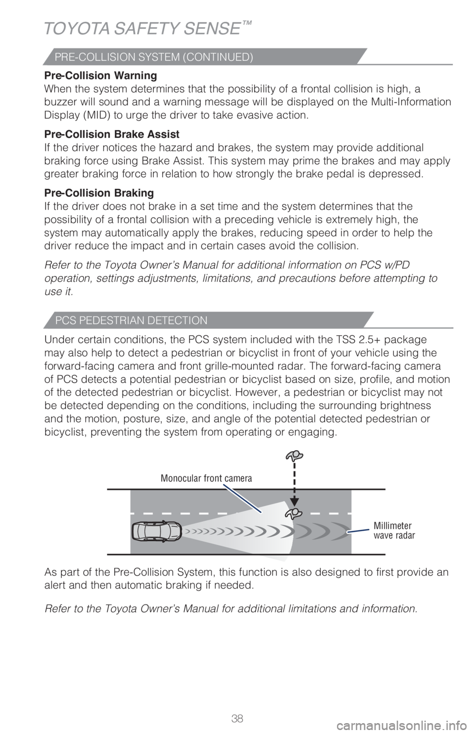 TOYOTA CAMRY 2021   (in English) Owners Guide 38 Pre-Collision Warning
When the system determines that the possibility of a frontal collision is high, a 
buzzer will sound and a warning message will be displayed on the Multi-Information 
Display 