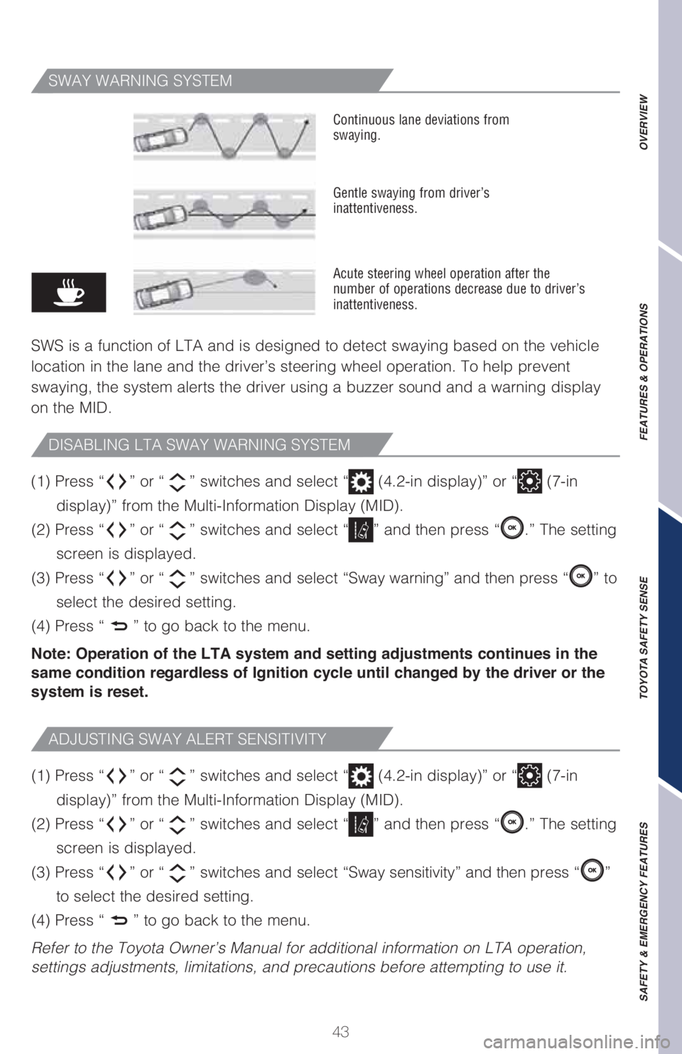 TOYOTA CAMRY 2021   (in English) Service Manual 43
OVERVIEW FEATURES & OPERATIONS TOYOTA SAFETY SENSE SAFETY & EMERGENCY FEATURES
SWAY WARNING SYSTEM
SWS is a function of LTA and is designed to detect swaying based on the vehicle 
location in the l
