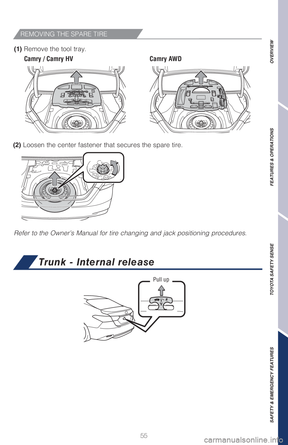 TOYOTA CAMRY 2021   (in English) Workshop Manual 55
OVERVIEW FEATURES & OPERATIONS TOYOTA SAFETY SENSE SAFETY & EMERGENCY FEATURES
REMOVING THE SPARE TIRE
(1) Remove the tool tray.
Refer to the Owner’s Manual for tire changing and jack positioning