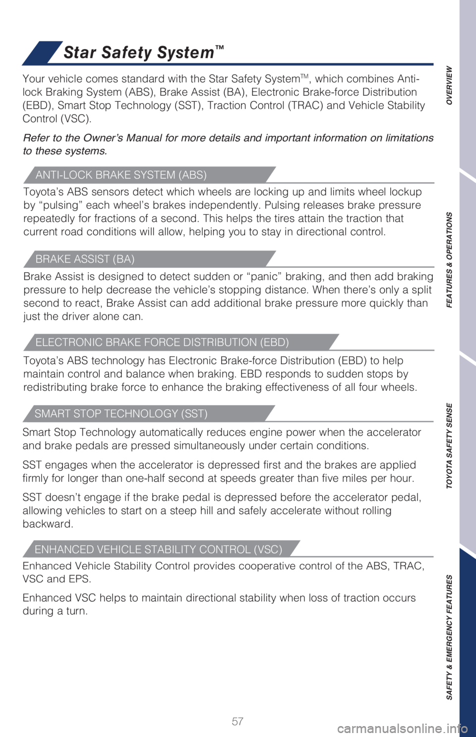 TOYOTA CAMRY 2021   (in English) Workshop Manual 57
OVERVIEW FEATURES & OPERATIONS TOYOTA SAFETY SENSE SAFETY & EMERGENCY FEATURES
Star Safety System™
ANTI-LOCK BRAKE SYSTEM (ABS)
Toyota’s ABS sensors detect which wheels are locking up and limit