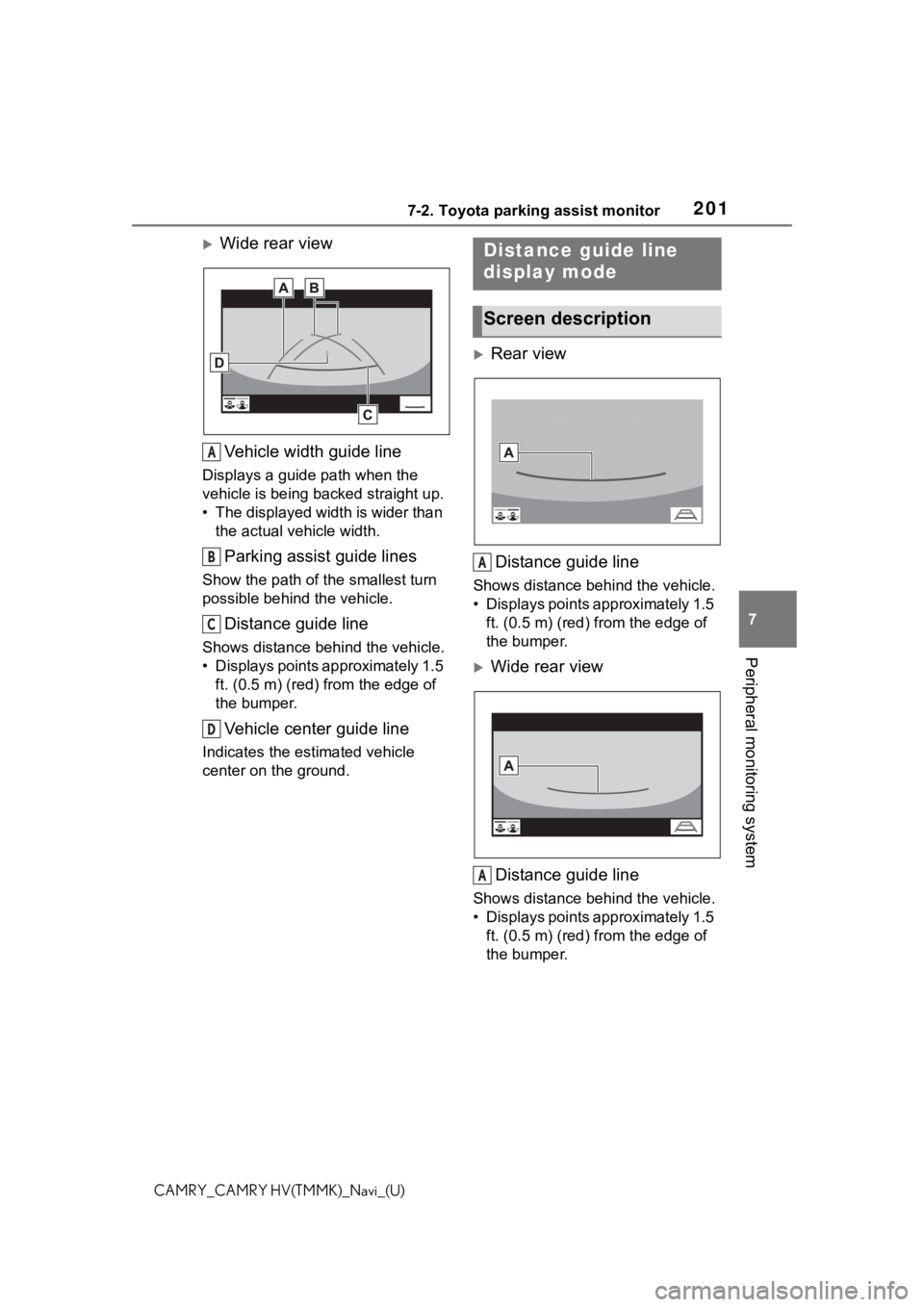 TOYOTA CAMRY 2021 Accessories, Audio & Navigation (in English) 2017-2. Toyota parking assist monitor
7
Peripheral monitoring system
CAMRY_CAMRY HV(TMMK)_Navi_(U)
Wide rear viewVehicle width guide line
Displays a guide path when the
vehicle is being b acked s TOYOTA CAMRY 2021 Accessories, Audio & Navigation (in English) 2017-2. Toyota parking assist monitor
7
Peripheral monitoring system
CAMRY_CAMRY HV(TMMK)_Navi_(U)
Wide rear viewVehicle width guide line
Displays a guide path when the
vehicle is being b acked s
