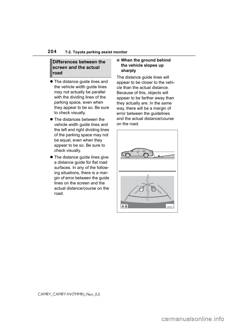 TOYOTA CAMRY 2021 Accessories, Audio & Navigation (in English) 2047-2. Toyota parking assist monitor
CAMRY_CAMRY HV(TMMK)_Navi_(U)
The distance guide lines and
the vehicle width guide lines
may not actually be parallel
with the dividing lines of the
parkin TOYOTA CAMRY 2021 Accessories, Audio & Navigation (in English) 2047-2. Toyota parking assist monitor
CAMRY_CAMRY HV(TMMK)_Navi_(U)
The distance guide lines and
the vehicle width guide lines
may not actually be parallel
with the dividing lines of the
parkin