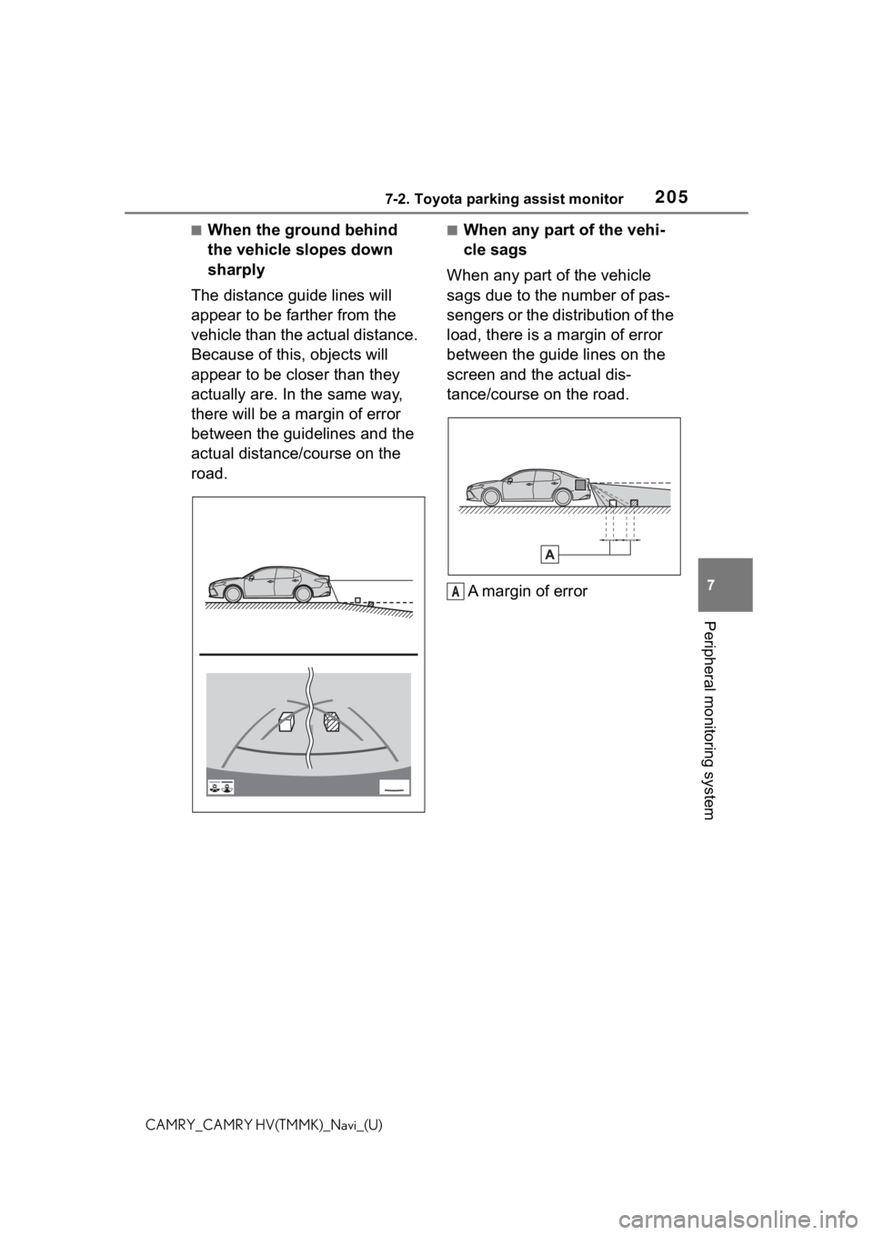 TOYOTA CAMRY 2021 Accessories, Audio & Navigation (in English) 2057-2. Toyota parking assist monitor
7
Peripheral monitoring system
CAMRY_CAMRY HV(TMMK)_Navi_(U)
■When the ground behind
the vehicle slopes down
sharply
The distance guide lines will
appear to TOYOTA CAMRY 2021 Accessories, Audio & Navigation (in English) 2057-2. Toyota parking assist monitor
7
Peripheral monitoring system
CAMRY_CAMRY HV(TMMK)_Navi_(U)
■When the ground behind
the vehicle slopes down
sharply
The distance guide lines will
appear to