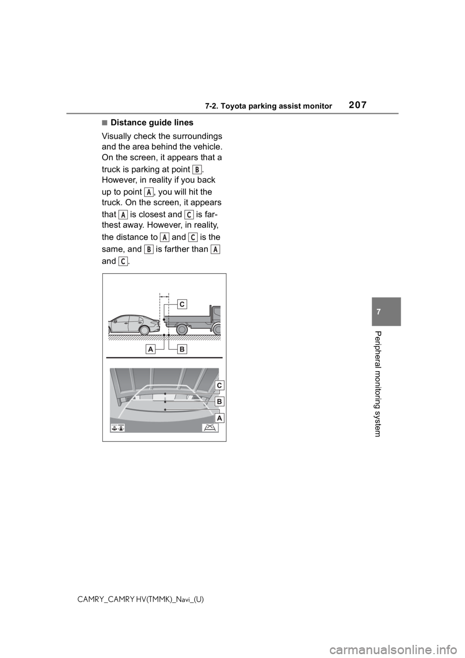 TOYOTA CAMRY 2021 Accessories, Audio & Navigation (in English) 2077-2. Toyota parking assist monitor
7
Peripheral monitoring system
CAMRY_CAMRY HV(TMMK)_Navi_(U)
■Distance guide lines
Visually check the surroundings
and the area behind the vehicle.
On the scr TOYOTA CAMRY 2021 Accessories, Audio & Navigation (in English) 2077-2. Toyota parking assist monitor
7
Peripheral monitoring system
CAMRY_CAMRY HV(TMMK)_Navi_(U)
■Distance guide lines
Visually check the surroundings
and the area behind the vehicle.
On the scr