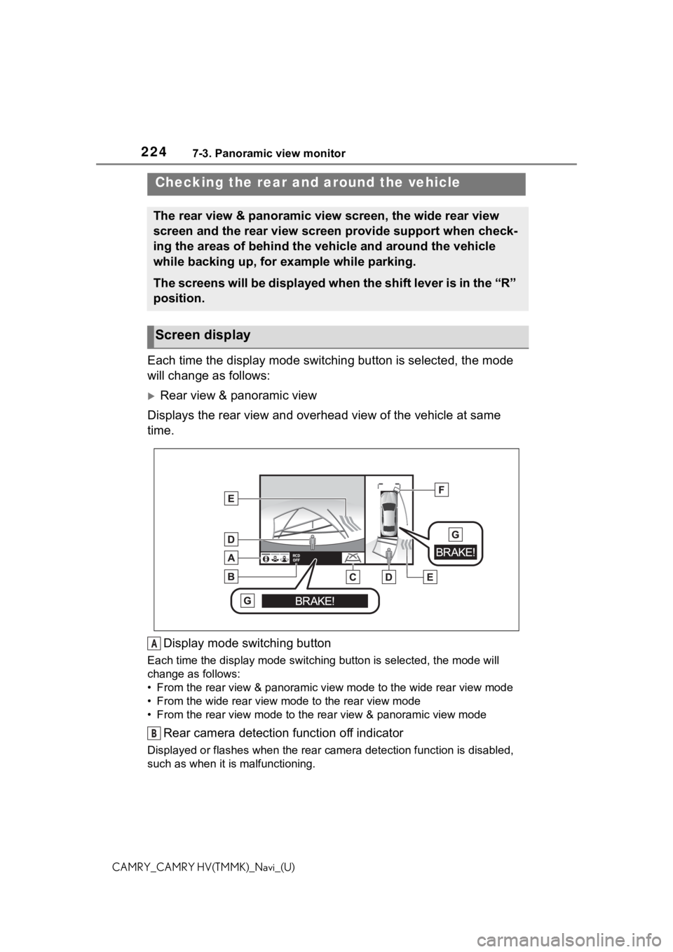 TOYOTA CAMRY 2021 Accessories, Audio & Navigation (in English) 2247-3. Panoramic view monitor
CAMRY_CAMRY HV(TMMK)_Navi_(U)
Each time the display mode switching button is selected, the mo de
will change as follows:
Rear view & panoramic view
Displays the rear TOYOTA CAMRY 2021 Accessories, Audio & Navigation (in English) 2247-3. Panoramic view monitor
CAMRY_CAMRY HV(TMMK)_Navi_(U)
Each time the display mode switching button is selected, the mo de
will change as follows:
Rear view & panoramic view
Displays the rear