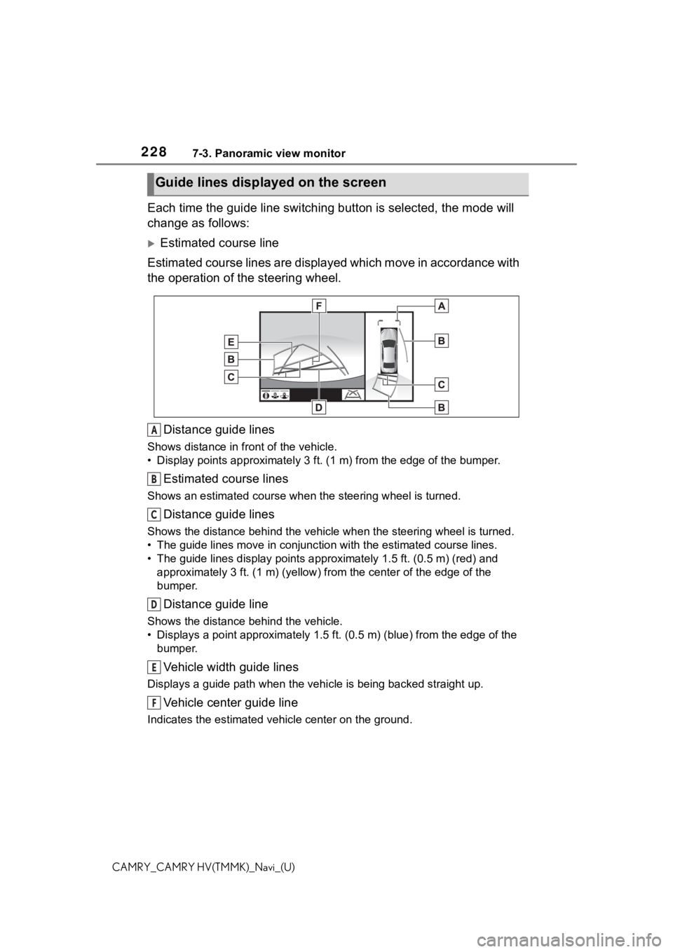 TOYOTA CAMRY 2021 Accessories, Audio & Navigation (in English) 2287-3. Panoramic view monitor
CAMRY_CAMRY HV(TMMK)_Navi_(U)
Each time the guide line switching button is selected, the mode will
change as follows:
Estimated course line
Estimated course lines a TOYOTA CAMRY 2021 Accessories, Audio & Navigation (in English) 2287-3. Panoramic view monitor
CAMRY_CAMRY HV(TMMK)_Navi_(U)
Each time the guide line switching button is selected, the mode will
change as follows:
Estimated course line
Estimated course lines a
