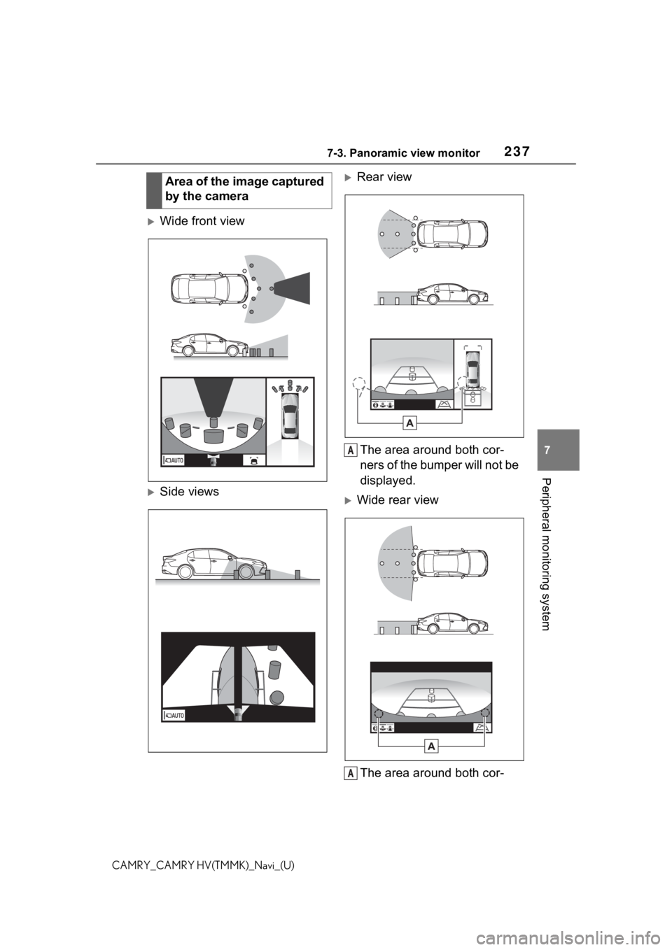 TOYOTA CAMRY 2021 Accessories, Audio & Navigation (in English) 2377-3. Panoramic view monitor
7
Peripheral monitoring system
CAMRY_CAMRY HV(TMMK)_Navi_(U)
Wide front view
Side views
Rear viewThe area around both cor-
ners of the bumper will not be
displ TOYOTA CAMRY 2021 Accessories, Audio & Navigation (in English) 2377-3. Panoramic view monitor
7
Peripheral monitoring system
CAMRY_CAMRY HV(TMMK)_Navi_(U)
Wide front view
Side views
Rear viewThe area around both cor-
ners of the bumper will not be
displ