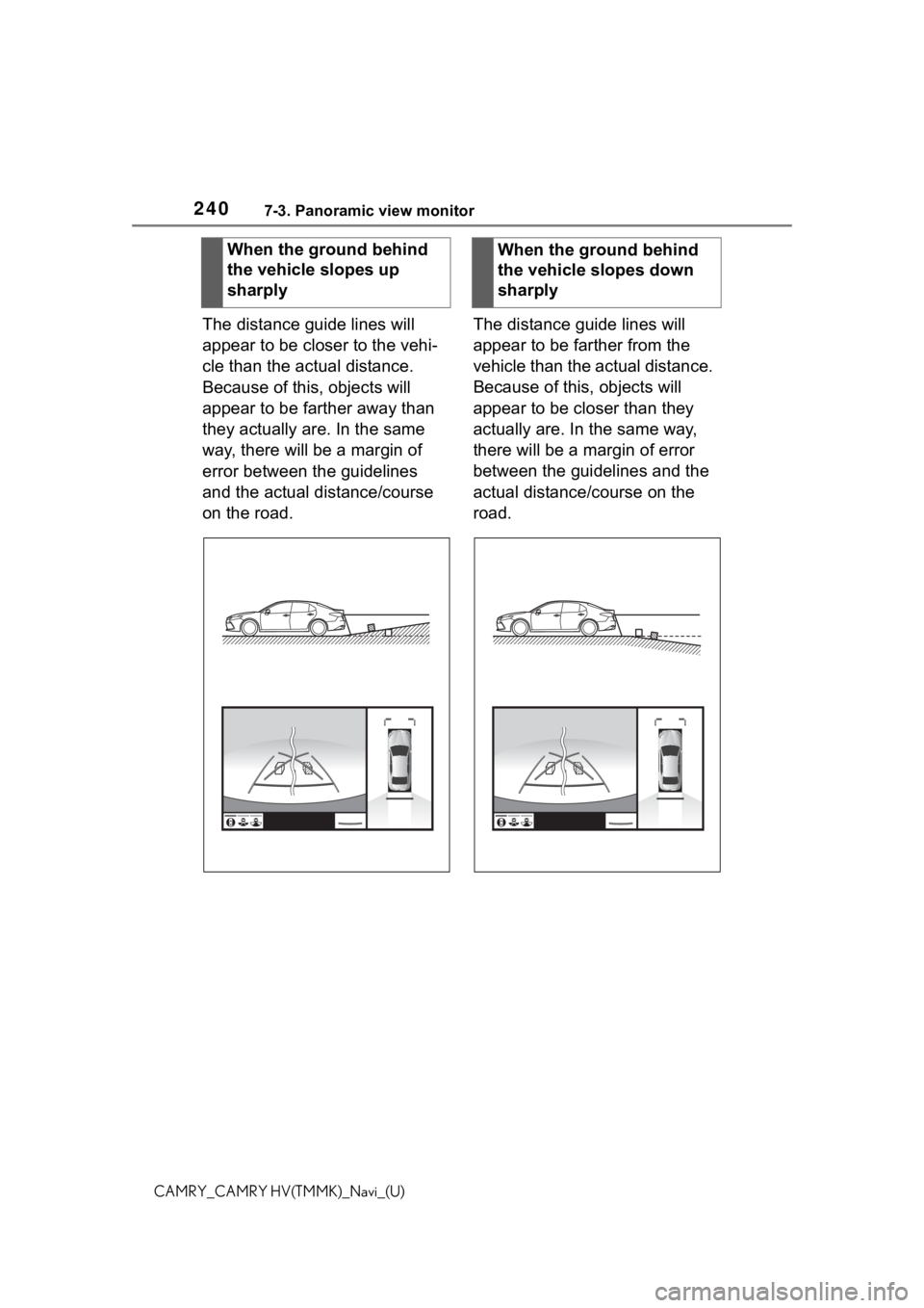 TOYOTA CAMRY 2021 Accessories, Audio & Navigation (in English) 2407-3. Panoramic view monitor
CAMRY_CAMRY HV(TMMK)_Navi_(U)
The distance guide lines will
appear to be closer to the vehi-
cle than the actual distance.
Because of this, objects will
appear to be TOYOTA CAMRY 2021 Accessories, Audio & Navigation (in English) 2407-3. Panoramic view monitor
CAMRY_CAMRY HV(TMMK)_Navi_(U)
The distance guide lines will
appear to be closer to the vehi-
cle than the actual distance.
Because of this, objects will
appear to be