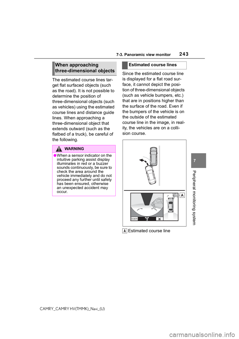 TOYOTA CAMRY 2021 Accessories, Audio & Navigation (in English) 2437-3. Panoramic view monitor
7
Peripheral monitoring system
CAMRY_CAMRY HV(TMMK)_Navi_(U)
The estimated course lines tar-
get flat surfaced objects (such
as the road). It is not possible to
determ TOYOTA CAMRY 2021 Accessories, Audio & Navigation (in English) 2437-3. Panoramic view monitor
7
Peripheral monitoring system
CAMRY_CAMRY HV(TMMK)_Navi_(U)
The estimated course lines tar-
get flat surfaced objects (such
as the road). It is not possible to
determ