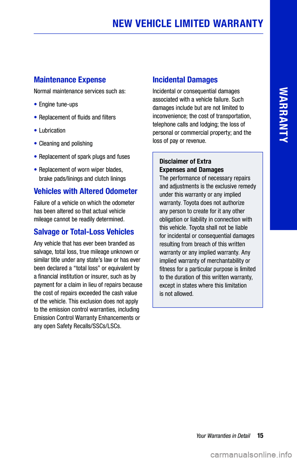 TOYOTA CAMRY 2021  Warranties & Maintenance Guides (in English) 15Your Warranties in Detail
WARRANTY
 
 
Maintenance Expense
Normal maintenance services such as:
• Engine tune-ups
• Replacement of fluids and filters
• Lubrication
• Cleaning and polishing
