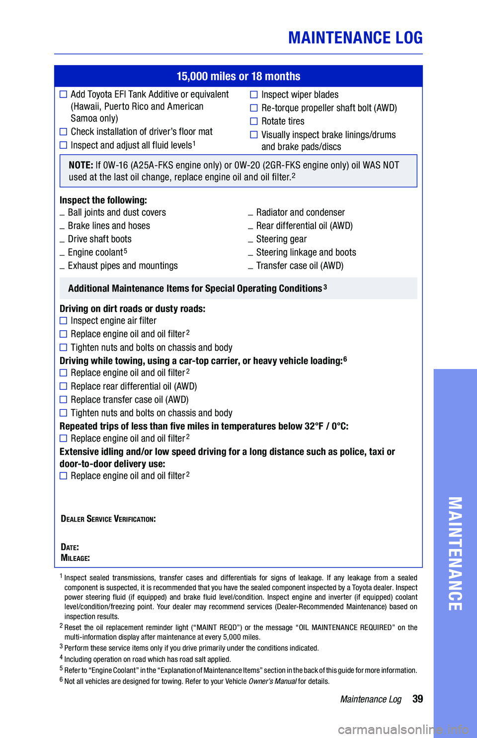 TOYOTA CAMRY 2021  Warranties & Maintenance Guides (in English) 39Maintenance Log
MAINTENANCE LOG
MAINTENANCE
15,000 miles or 18 months
	■ Add Toyota EFI Tank Additive or equivalent              (Hawaii, Puerto Rico and American  Samoa only)
	■����� 