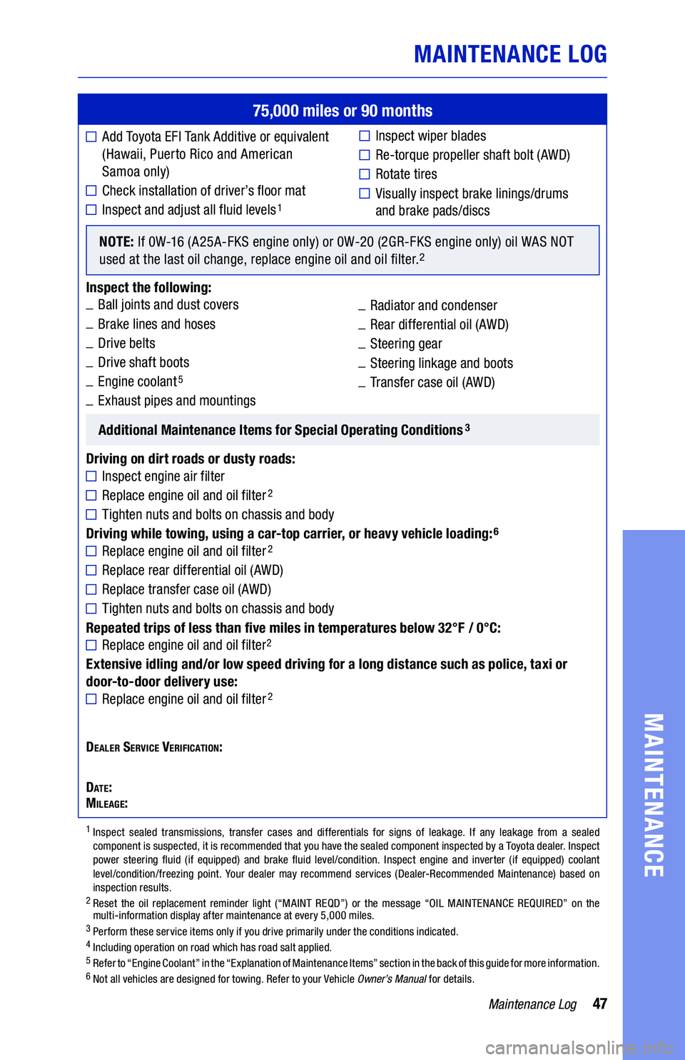 TOYOTA CAMRY 2021 Warranties & Maintenance Guides (in English) 47Maintenance Log
MAINTENANCE LOG
MAINTENANCE
75,000 miles or 90 months
■ Add Toyota EFI Tank Additive or equivalent (Hawaii, Puerto Rico and American Samoa only)
■����� TOYOTA CAMRY 2021 Warranties & Maintenance Guides (in English) 47Maintenance Log
MAINTENANCE LOG
MAINTENANCE
75,000 miles or 90 months
■ Add Toyota EFI Tank Additive or equivalent (Hawaii, Puerto Rico and American Samoa only)
■�����
