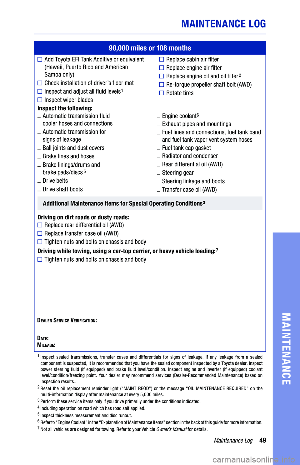 TOYOTA CAMRY 2021 Warranties & Maintenance Guides (in English) 49Maintenance Log
MAINTENANCE LOG
MAINTENANCE
90,000 miles or 108 months
■ Add Toyota EFI Tank Additive or equivalent (Hawaii, Puerto Rico and American Samoa only)
■����� TOYOTA CAMRY 2021 Warranties & Maintenance Guides (in English) 49Maintenance Log
MAINTENANCE LOG
MAINTENANCE
90,000 miles or 108 months
■ Add Toyota EFI Tank Additive or equivalent (Hawaii, Puerto Rico and American Samoa only)
■�����