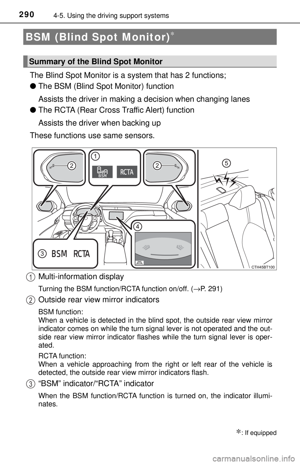 TOYOTA CAMRY HYBRID 2018 Owners Manual (in English) 2904-5. Using the driving support systems
The Blind Spot Monitor is a system that has 2 functions;
● The BSM (Blind Spot Monitor) function
Assists the driver in making a decision when changing lane TOYOTA CAMRY HYBRID 2018 Owners Manual (in English) 2904-5. Using the driving support systems
The Blind Spot Monitor is a system that has 2 functions;
● The BSM (Blind Spot Monitor) function
Assists the driver in making a decision when changing lane