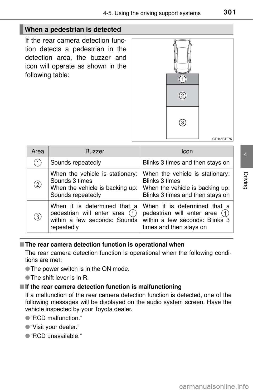 TOYOTA CAMRY HYBRID 2018 Owners Manual (in English) 3014-5. Using the driving support systems
4
Driving
If the rear camera detection func-
tion detects a pedestrian in the
detection area, the buzzer and
icon will operate as shown in the
following table TOYOTA CAMRY HYBRID 2018 Owners Manual (in English) 3014-5. Using the driving support systems
4
Driving
If the rear camera detection func-
tion detects a pedestrian in the
detection area, the buzzer and
icon will operate as shown in the
following table
