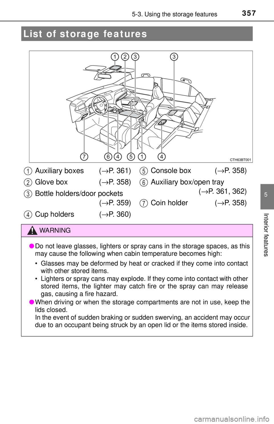 TOYOTA CAMRY HYBRID 2018 Owners Manual (in English) 357
5
Interior features
5-3. Using the storage features
List of storage features
Auxiliary boxes (→P. 361)
Glove box ( →P. 358)
Bottle holders/door pockets (→ P. 359)
Cup holders ( →P. 360) Co TOYOTA CAMRY HYBRID 2018 Owners Manual (in English) 357
5
Interior features
5-3. Using the storage features
List of storage features
Auxiliary boxes (→P. 361)
Glove box ( →P. 358)
Bottle holders/door pockets (→ P. 359)
Cup holders ( →P. 360) Co