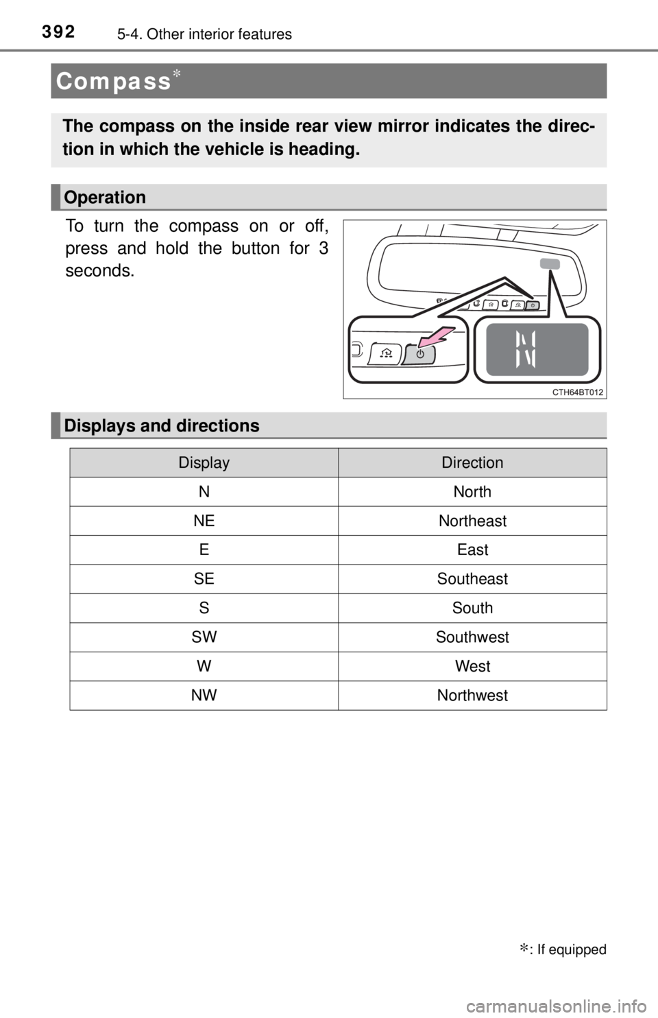 TOYOTA CAMRY HYBRID 2018  Owners Manual (in English) 3925-4. Other interior features
To turn the compass on or off,
press and hold the button for 3
seconds.
Compass∗
∗: If equipped
The compass on the inside rear view mirror indicates the direc-
tion
