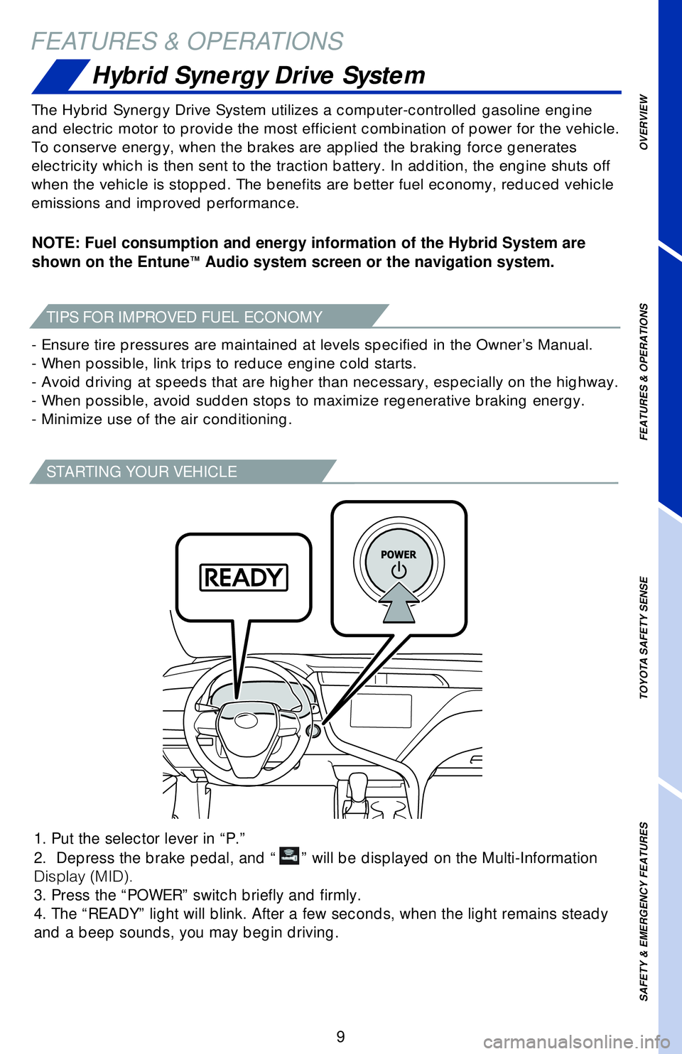 TOYOTA CAMRY HYBRID 2018   (in English) User Guide OVERVIEW
FEATURES & OPERATIONS
TOYOTA SAFETY SENSE
SAFETY & EMERGENCY FEATURES
9
TIPS FOR IMPROVED FUEL ECONOMY
STARTING YOUR VEHICLE
NOTE: Fuel consumption and energy information of the Hybrid System