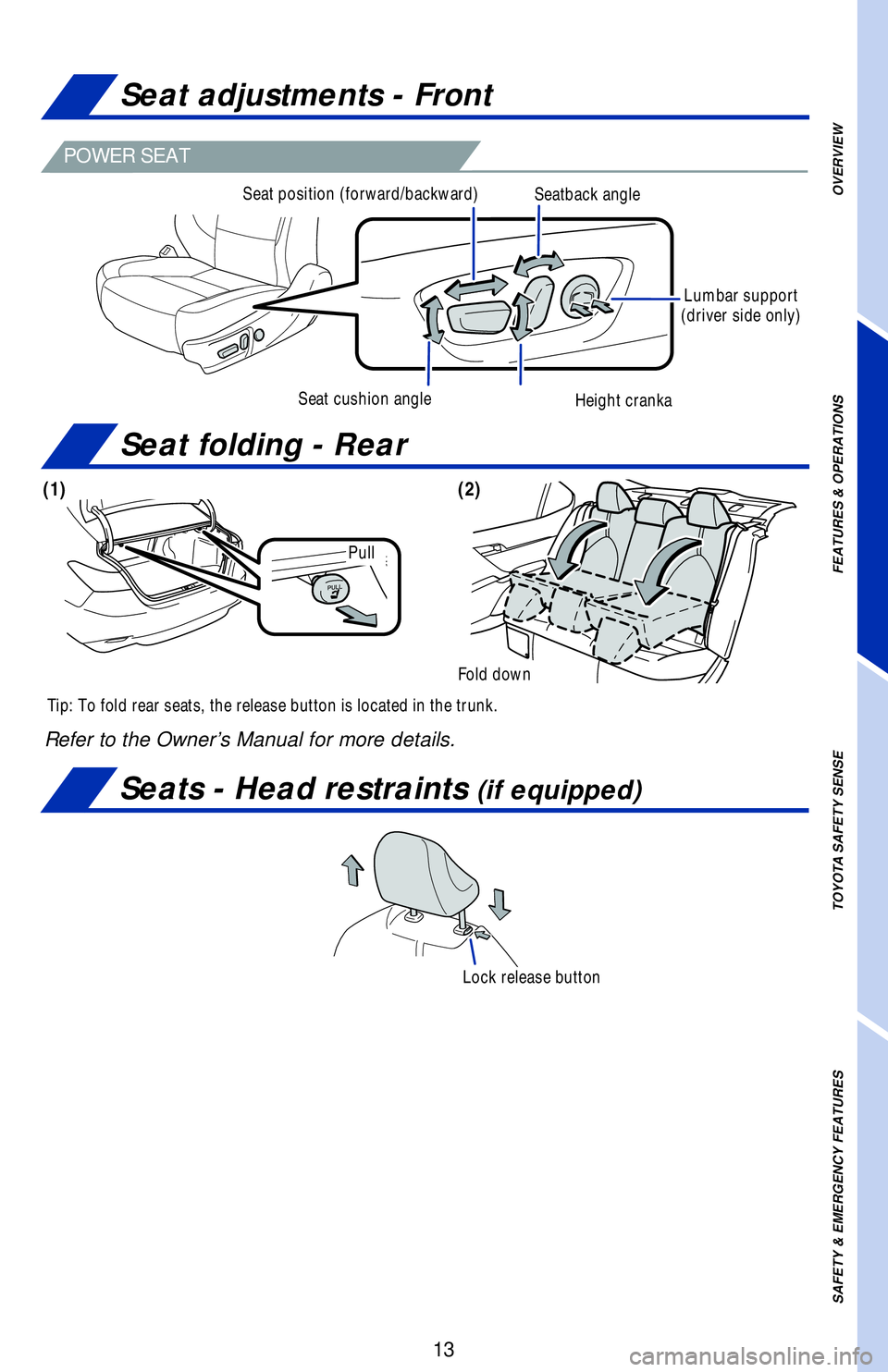 TOYOTA CAMRY HYBRID 2018  Owners Manual (in English) OVERVIEW
FEATURES & OPERATIONS
TOYOTA SAFETY SENSE
SAFETY & EMERGENCY FEATURES
13
Seat adjustments - Front
Seats - Head restraints (if equipped)
Seat folding - Rear
(1)(2)
Tip: To fold rear seats, the