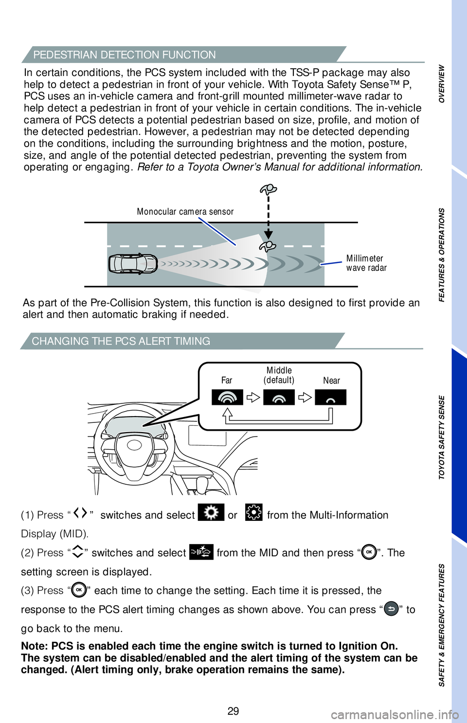 TOYOTA CAMRY HYBRID 2018   (in English) Owners Guide 29
OVERVIEW
FEATURES & OPERATIONS
TOYOTA SAFETY SENSE
SAFETY & EMERGENCY FEATURES
CHANGING THE PCS ALERT TIMING
Far Middle
(default) Near
Monocular camera sensor
Millimeter
wave radar
As part of the P
