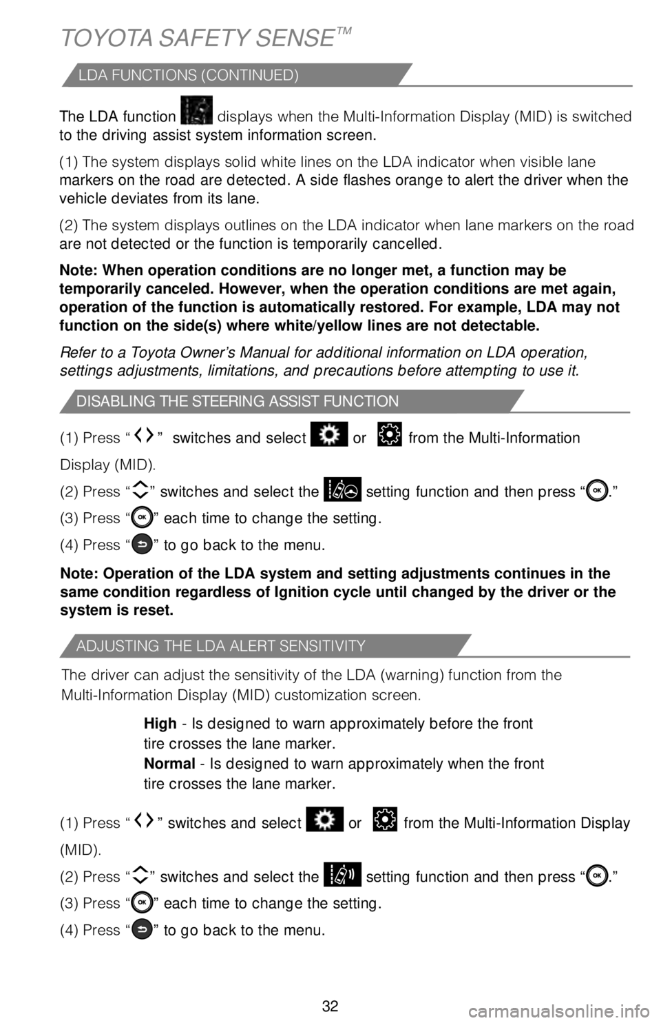 TOYOTA CAMRY HYBRID 2018   (in English) Owners Guide 32
TOYOTA SAFETY SENSE™
The LDA function ��E�J�T�Q�M�B�Z�T��X�I�F�O��U�I�F��.�V�M�U�J��*�O�G�P�S�N�B�U�J�P�O��%�J�T�Q�M�B�Z��	�.�*�%�
��J�T��T�X�J�U�D�I�F�E�
to the driving assist system i