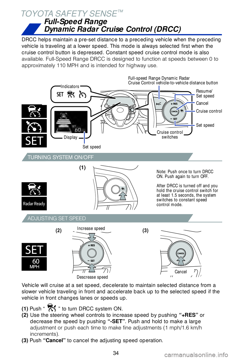 TOYOTA CAMRY HYBRID 2018   (in English) Owners Guide 34
TOYOTA SAFETY SENSE™
TURNING SYSTEM ON/OFF
�"�%�+�6�4�5�*�/�(��4�&�5��4�1�&�&�%
Vehicle will cruise at a set speed, decelerate to maintain selected dist\
ance from a 
slower vehicle traveling i