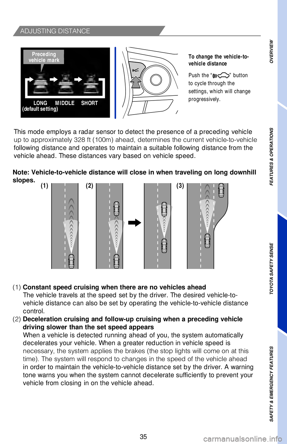 TOYOTA CAMRY HYBRID 2018   (in English) Owners Guide 35
OVERVIEW
FEATURES & OPERATIONS
TOYOTA SAFETY SENSE
SAFETY & EMERGENCY FEATURES
�"�%�+�6�4�5�*�/�(��%�*�4�5�"�/�$�&
To change the vehicle-to-
vehicle distance
Push the “
” button 
to cycle thro