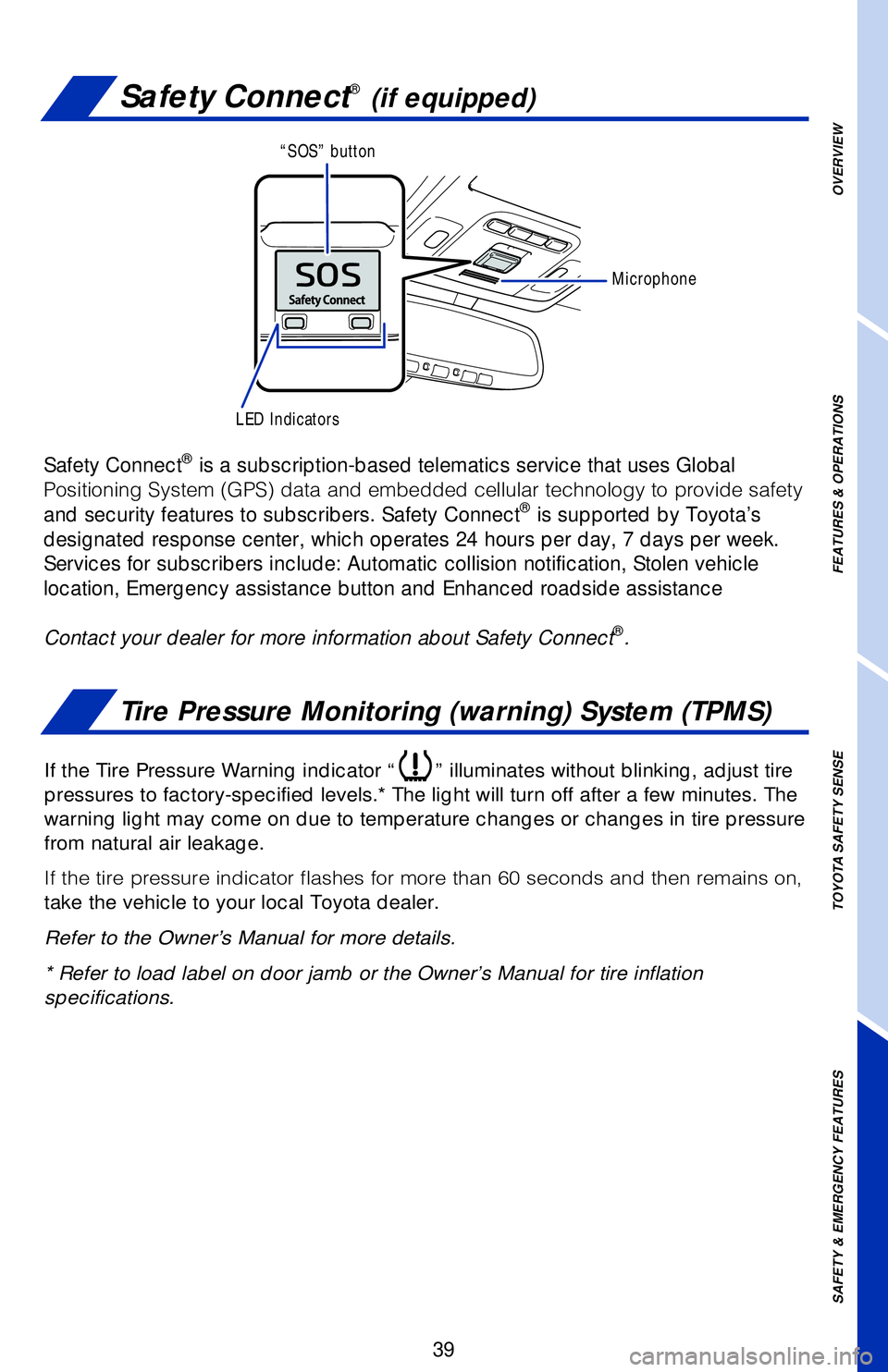 TOYOTA CAMRY HYBRID 2018   (in English) Service Manual OVERVIEW
FEATURES & OPERATIONS
TOYOTA SAFETY SENSE
SAFETY & EMERGENCY FEATURES
39
Safety Connect®(if equipped)
Tire Pressure Monitoring (warning) System (TPMS)
Safety Connect® is a subscription-base