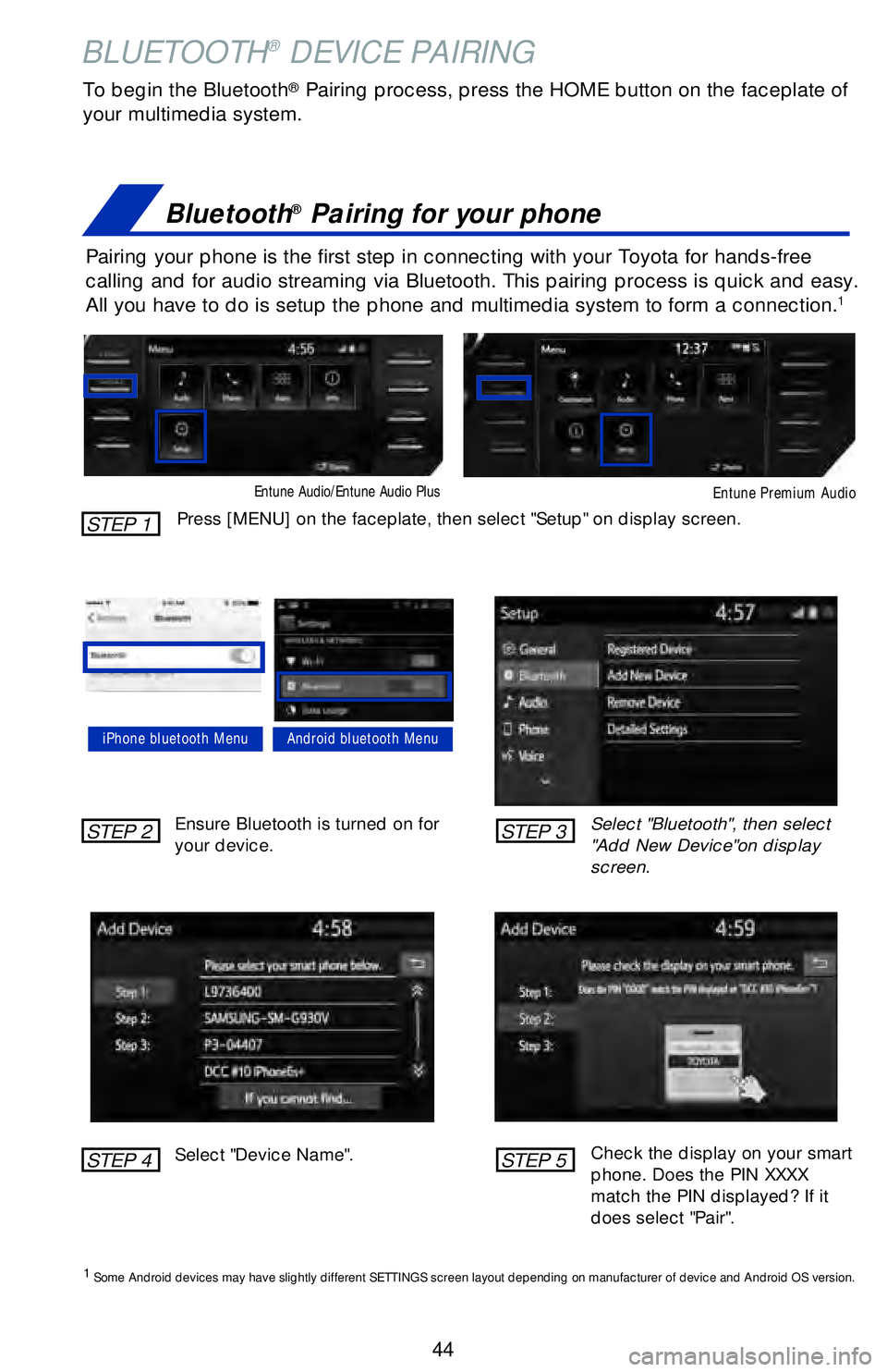 TOYOTA CAMRY HYBRID 2018   (in English) Service Manual 44
BLUETOOTH® DEVICE PAIRING
To begin the Bluetooth® Pairing process, press the HOME button on the faceplate of
your multimedia system.
Bluetooth® Pairing for your phone
Pairing your phone is the f