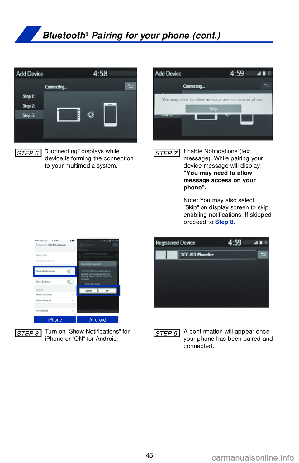 TOYOTA CAMRY HYBRID 2018   (in English) Service Manual 45
"Connecting" displays while 
device is forming the connection 
to your multimedia system.Enable Notifications (text 
message). While pairing your 
device message will display: 
"You may need to all