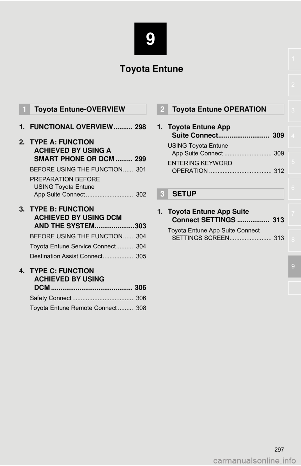 TOYOTA CAMRY HYBRID 2018 Accessories, Audio & Navigation (in English) 9
297
4
5
6
7
8
1
2
3
9
1. FUNCTIONAL OVERVIEW .......... 298
2. TYPE A: FUNCTION ACHIEVED BY USING A
SMART PHONE OR DCM ......... 299
BEFORE USING THE FUNCTION ...... 301
PREPARATION BEFORE
USING TOYOTA CAMRY HYBRID 2018 Accessories, Audio & Navigation (in English) 9
297
4
5
6
7
8
1
2
3
9
1. FUNCTIONAL OVERVIEW .......... 298
2. TYPE A: FUNCTION ACHIEVED BY USING A
SMART PHONE OR DCM ......... 299
BEFORE USING THE FUNCTION ...... 301
PREPARATION BEFORE
USING