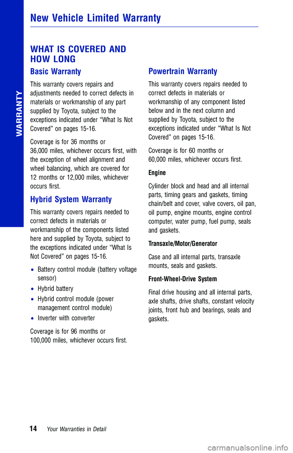 TOYOTA CAMRY HYBRID 2018  Warranties & Maintenance Guides (in English) WHAT IS COVERED AND
HOW LONG
Basic Warranty
This warranty covers repairs and
adjustments needed to correct defects in
materials or workmanship of any part
supplied by Toyota, subject to the
exceptions