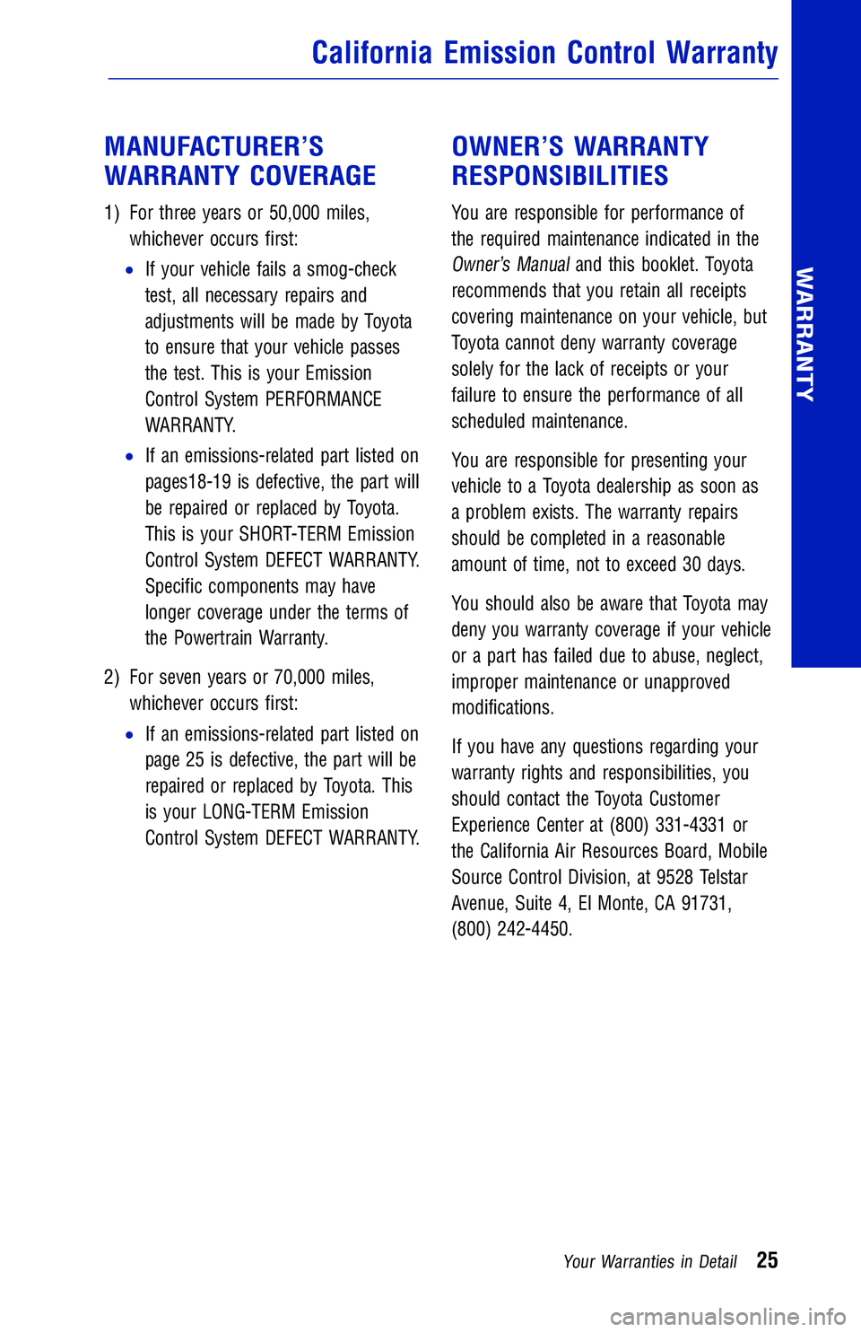 TOYOTA CAMRY HYBRID 2018 Warranties & Maintenance Guides (in English) California Emission Control Warranty
WARRANTY
Your Warranties in Detail25
MANUFACTURER’S
WARRANTY COVERAGE
1)For three years or 50,000 miles,
whichever occurs first:
If your vehicle fails a smog-ch TOYOTA CAMRY HYBRID 2018 Warranties & Maintenance Guides (in English) California Emission Control Warranty
WARRANTY
Your Warranties in Detail25
MANUFACTURER’S
WARRANTY COVERAGE
1)For three years or 50,000 miles,
whichever occurs first:
If your vehicle fails a smog-ch
