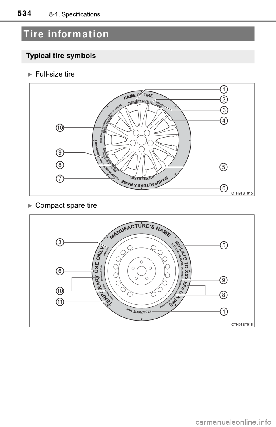 TOYOTA CAMRY HYBRID 2019 Owners Manual (in English) 5348-1. Specifications
Full-size tire
Compact spare tire
Tire information
Typical tire symbols TOYOTA CAMRY HYBRID 2019 Owners Manual (in English) 5348-1. Specifications
Full-size tire
Compact spare tire
Tire information
Typical tire symbols