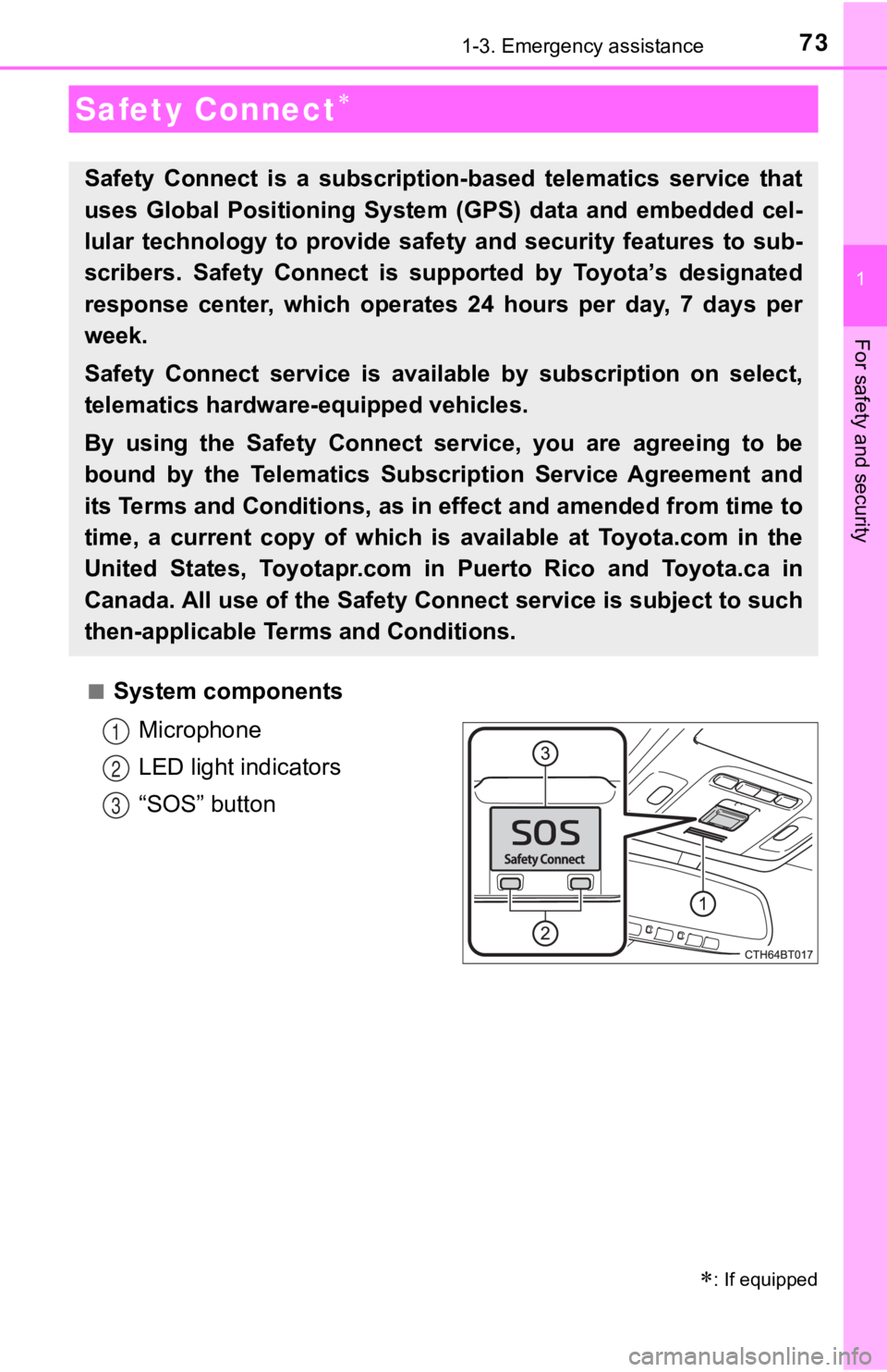 TOYOTA CAMRY HYBRID 2019  Owners Manual (in English) 73
1
For safety and security
1-3. Emergency assistance
■System componentsMicrophone
LED light indicators
“SOS” button
Safety Connect
: If equipped
Safety  Connect  is  a  subscription-base