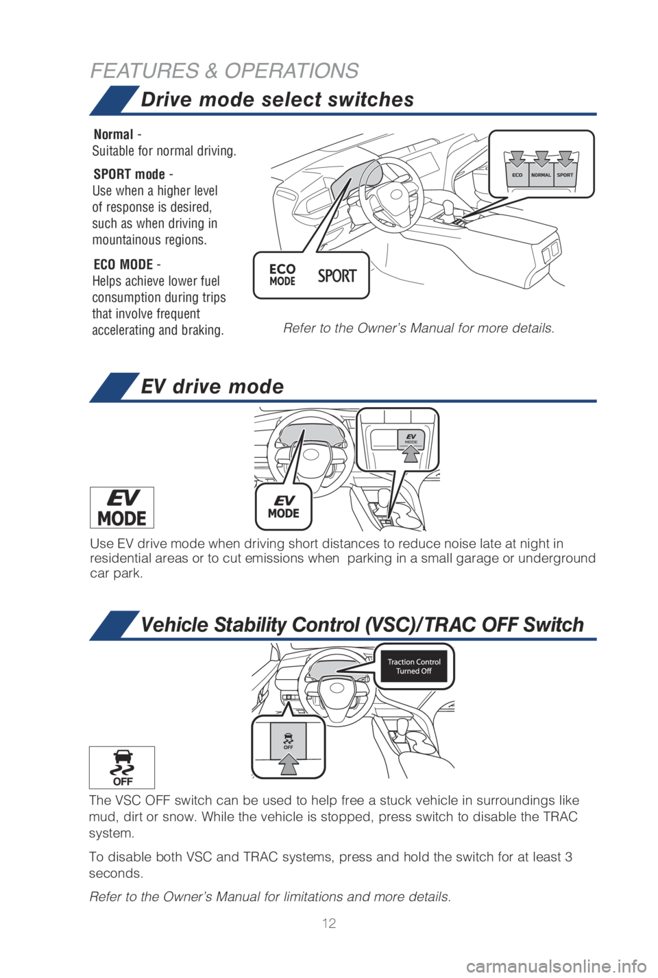 TOYOTA CAMRY HYBRID 2019   (in English) User Guide 12
EV drive mode
Vehicle Stability Control (VSC)/TRAC OFF Switch
FEATURES & OPERATIONSDrive mode select switches
Use EV drive mode when driving short distances to reduce noise late at n\
ight in 
resi