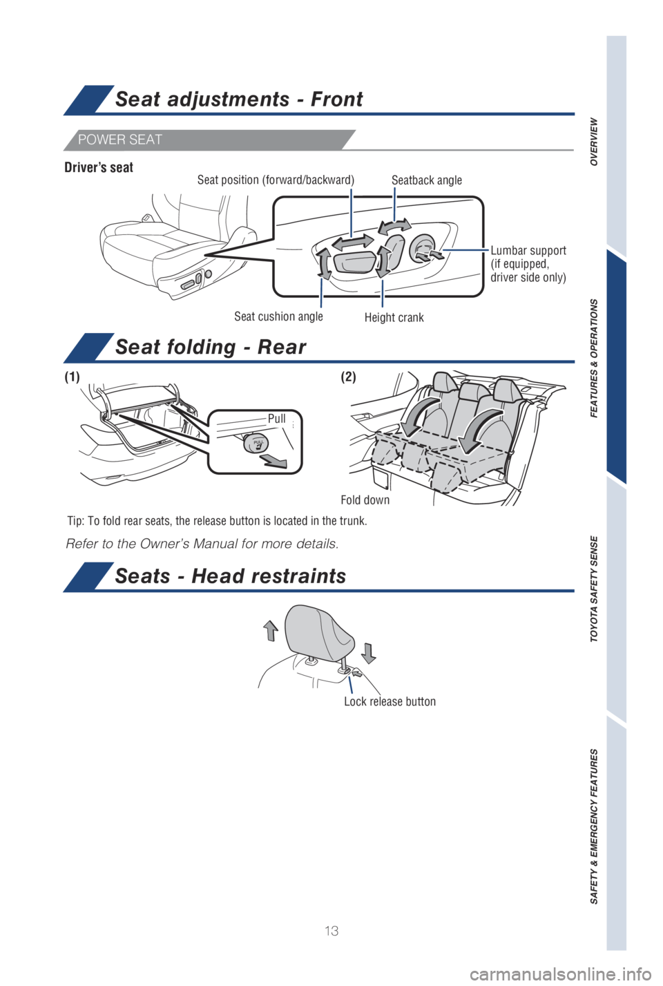 TOYOTA CAMRY HYBRID 2019   (in English) User Guide 13
Seat adjustments - Front
Seats - Head restraints
Seat folding - Rear
(1)(2)
Tip: To fold rear seats, the release button is located in the trunk.
OVERVIEW
FEATURES & OPERATIONS
TOYOTA SAFETY SENSE
S