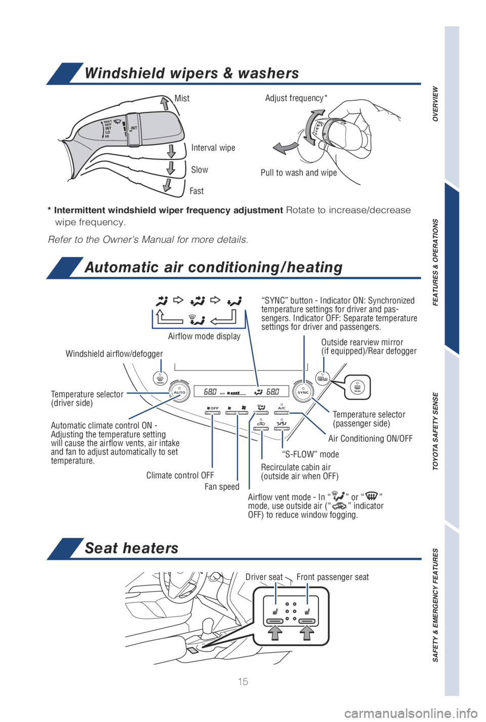 TOYOTA CAMRY HYBRID 2019   (in English) User Guide 15
* Intermittent windshield wiper frequency adjustment Rotate to increase/decrease 
wipe frequency.
Refer to the Owner’s Manual for more details.
Windshield wipers & washers
Automatic air condition