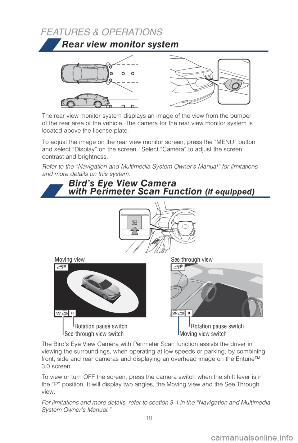 TOYOTA CAMRY HYBRID 2019   (in English) User Guide 18
FEATURES & OPERATIONSRear view monitor system
See-through view switch Moving view switch
Rotation pause switch
Rotation pause switch
The Bird’s Eye View Camera with Perimeter Scan function assist