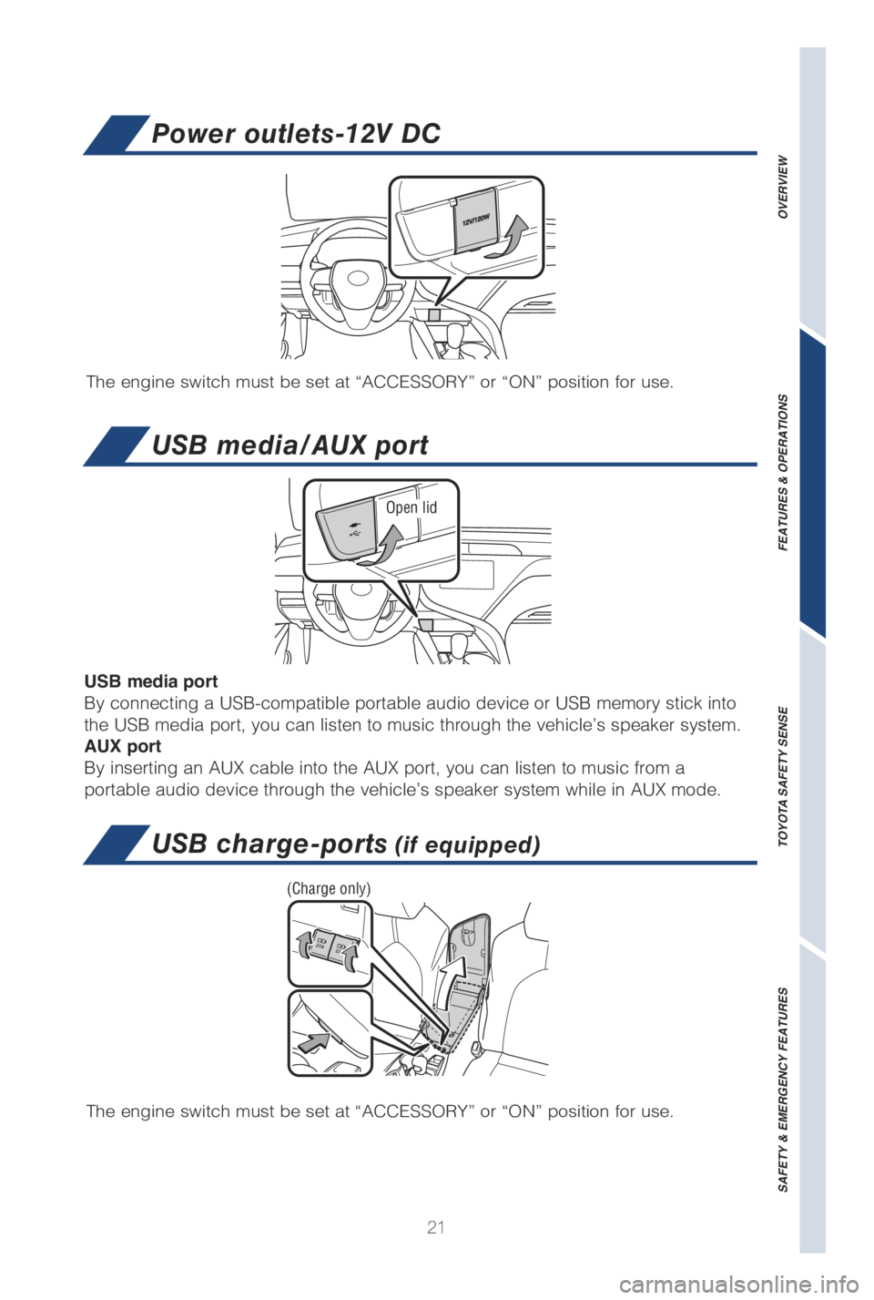 TOYOTA CAMRY HYBRID 2019   (in English) Owners Manual 21
OVERVIEW
FEATURES & OPERATIONS
TOYOTA SAFETY SENSE
SAFETY & EMERGENCY FEATURES
Power outlets-12V DC
�5he engine switch must �Ce set at �iA�$�$�&�4�4�0�3�:�w or �i�0�/�w �Qosition for use.
USB media