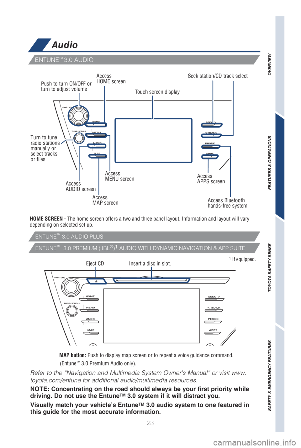 TOYOTA CAMRY HYBRID 2019   (in English) Owners Manual 23
ENTUNE™ �.� A�6�%I�0
Audio
HOME SCREEN - The home screen offers a two and three panel layout. Information and \
layout will vary 
depending on selected set up.
ENTUNE™ 
�.� A�6�%I�0 �1�-�6�