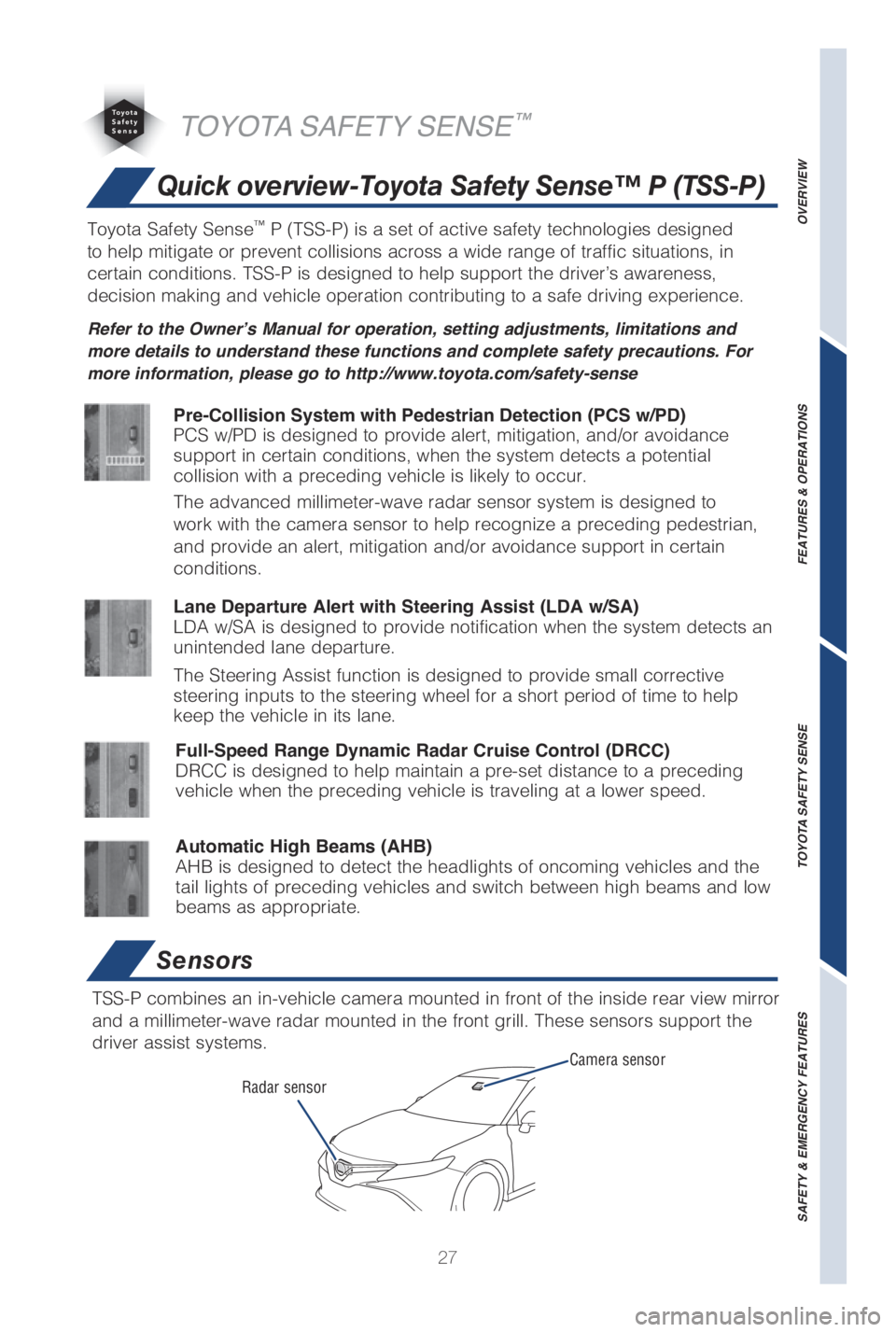 TOYOTA CAMRY HYBRID 2019   (in English) Owners Manual 27
OVERVIEW
FEATURES & OPERATIONS
TOYOTA SAFETY SENSE
SAFETY & EMERGENCY FEATURES
Quick overview-Toyota Safety Sense™ P (TSS-P)
Sensors
TSS-P combines an in-vehicle camera mounted in front of the in