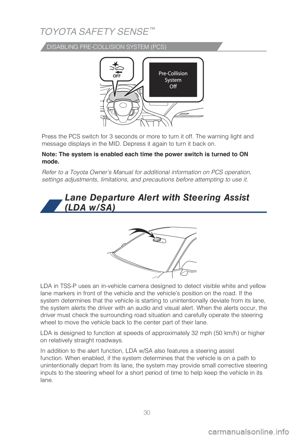 TOYOTA CAMRY HYBRID 2019   (in English) Owners Guide 30
TOYOTA SAFETY SENSE™
�%I�4A�#�-I�/�( �1�3�&��$�0�-�-I�4I�0�/ �4�:�4�5�&�. �	�1�$�4�

LDA in TSS-P uses an in-vehicle camera designed to detect visible white \
and yellow 
lane markers in front o